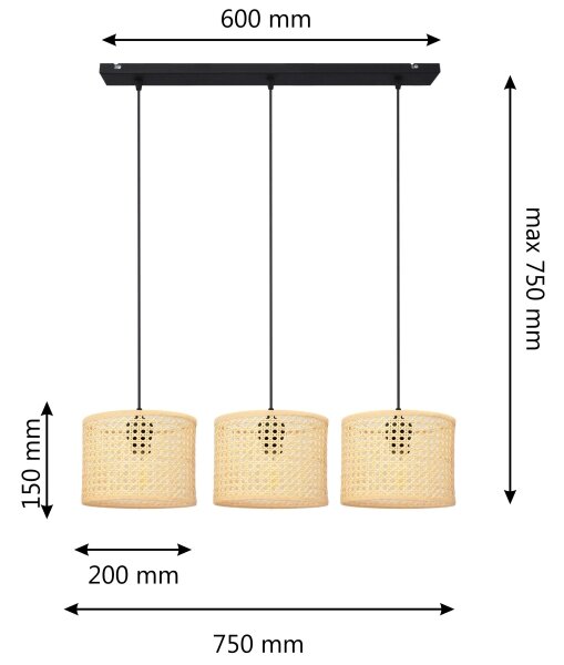 Lestenec na vrvici ALBA 3xE27/60W/230V ratan/črna