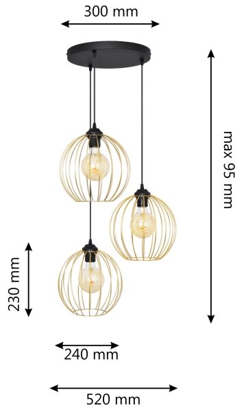 Lestenec na vrvici MERCURE 3xE27/60W/230V zlata/črna