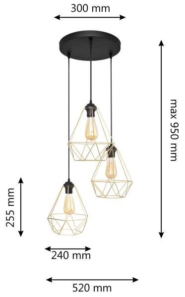 Lestenec na vrvici KARO 3xE27/60W/230V zlata/črna