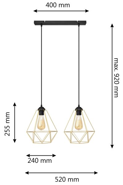 Lestenec na vrvici KARO 2xE27/60W/230V zlata/črna