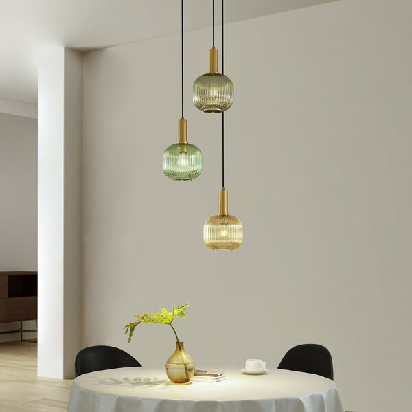 Lindby Doroteo viseče svetilo, 3-svetlobno, zelena/jantarna/siva, steklo, zatemnjen, Večbarvna, Dnevna soba / jedilnica, Steklo, Vintage