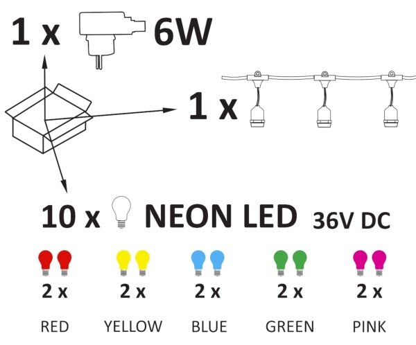 LED Zunanja dekorativna veriga PARTY NEON 7,6 m 10xE27/0,6W/36V IP44