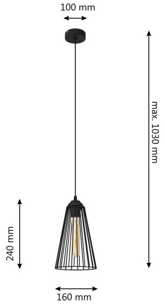 Lestenec na vrvici TORRI 1xE27/15W/230V pr. 16 cm črna