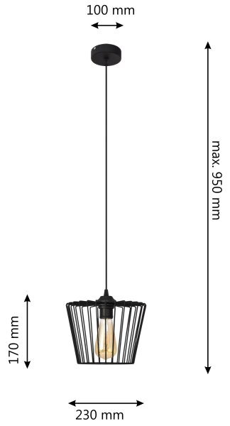 Lestenec na vrvici TORRI 1xE27/15W/230V pr. 23 cm črna