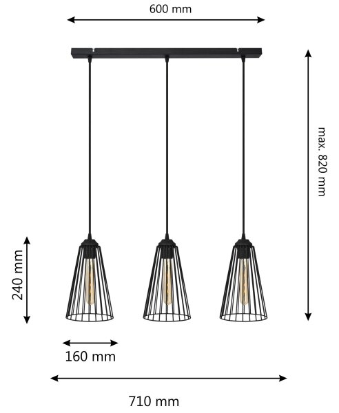 Lestenec na vrvici TORRI 3xE27/15W/230V črna