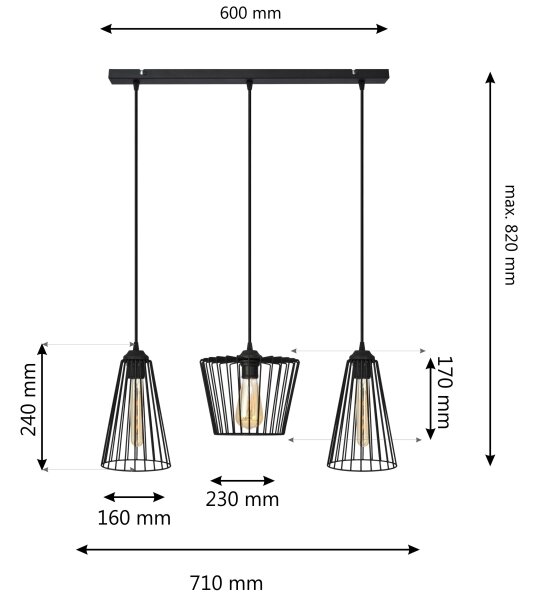 Lestenec na vrvici TORRI 3xE27/15W/230V črna