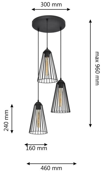 Lestenec na vrvici TORRI 3xE27/15W/230V črna