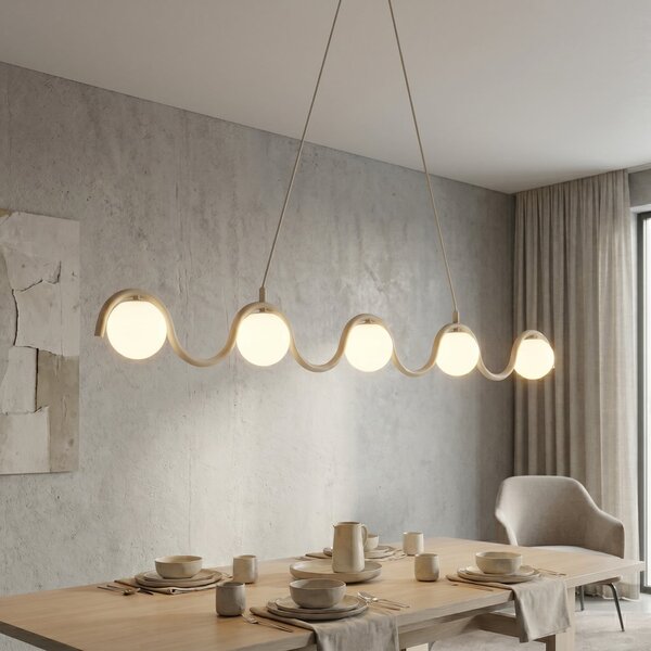EMIBIG LIGHTING Visoka svetilka SINUS, bež, dolžina 110 cm, 5-žarilna, kovina/steklo, zatemnjen, Bež, Dnevna soba / jedilnica, Steklo, Sodobni, Globus