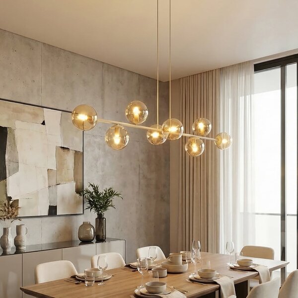 EMIBIG LIGHTING Visoka svetilka Rossi, bež, dolžina 130 cm, 8-žarilna, steklo/kovina, zatemnjen, Bež, Dnevna soba / jedilnica, Steklo, Sodobni, Globus