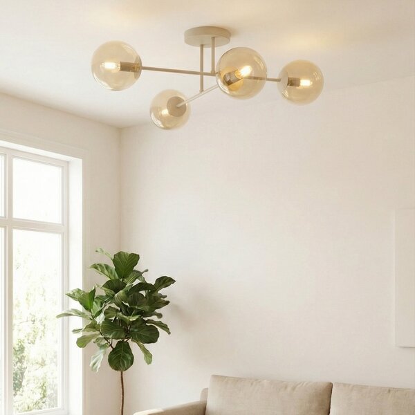 EMIBIG LIGHTING Stropna svetilka ROMA, bež, dolžina 75 cm, 4-kraka, steklo/kovina, zatemnjen, Bež, Dnevna soba / jedilnica, Steklo, Sodobni, Globus