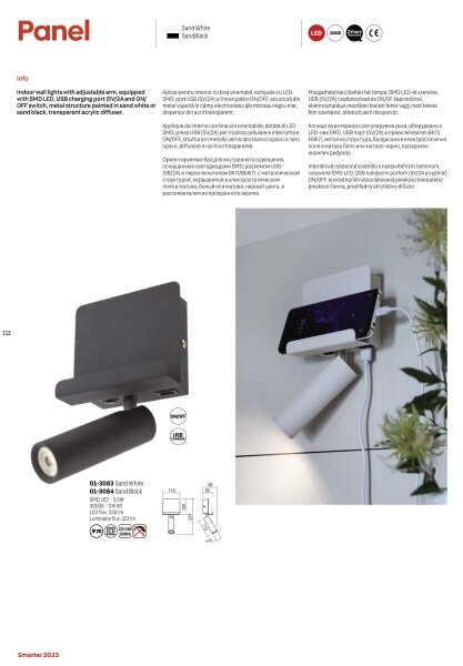 Redo 01-3083 - LED Stenski reflektor PANEL LED/3,5W/230V USB bela