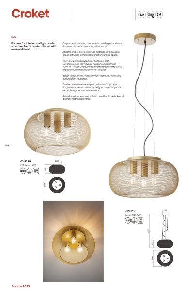 Redo 01-3140 - Lestenec na vrvici CROKET 3xE27/42W/230V pr. 40 cm zlata