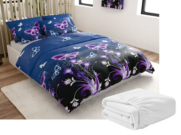 Komplet posteljnine mikropliš VIOLET BUTTERFLY temno modra + rjuha mikropliš SOFT 180x200 cm bela, zakonska postelja