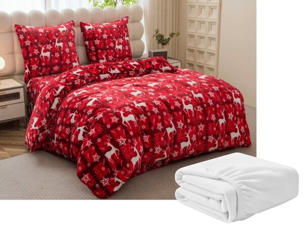 Set posteljnine mikropliš VELVET CHRISTMAS rdeča + rjuha mikropliš SOFT 90x200 cm bela, enojna postelja
