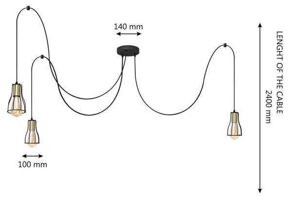 Lestenec na vrvici TUBE LONG 3xE27/15W/230V črna/zlata