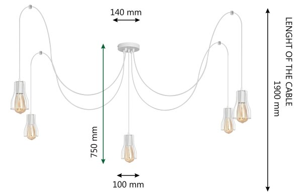 Lestenec na vrvici TUBE 5xE27/15W/230V bela