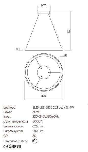 Redo 01-2674- LED Zatemnitveni lestenec na vrvici ICONIC LED/50W/230V pr. 58 cm črna