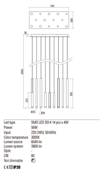 Redo 01-2057 - LED Lestenec na vrvici MADISON 14xLED/4W/230V sijajni krom/črna/baker