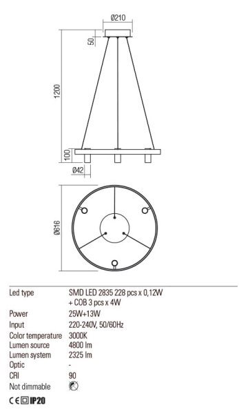 Redo 01-2490 - LED Lestenec na vrvici SUMMIT LED/38W/230V CRI 90 zlata