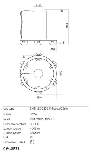 Redo 01-3247- LED Zatemnitveni lestenec na vrvici SINCLAIR LED/37,2W/230V CRI 93 IP21