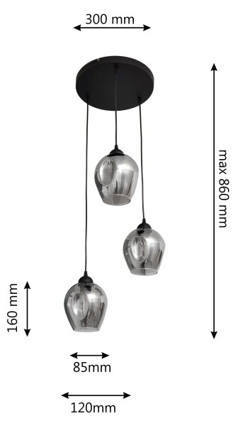 Lestenec na vrvici LILI 3xE27/15W/230V črna/siva