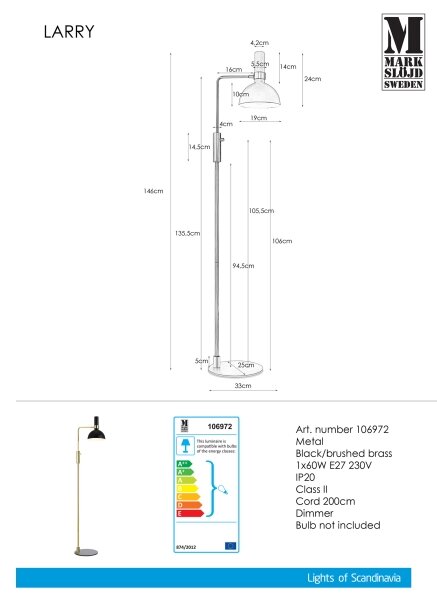 Markslöjd 106972 - Zatemnitvena stoječa svetilka LARRY 1xE27/60W/230V črna/zlata