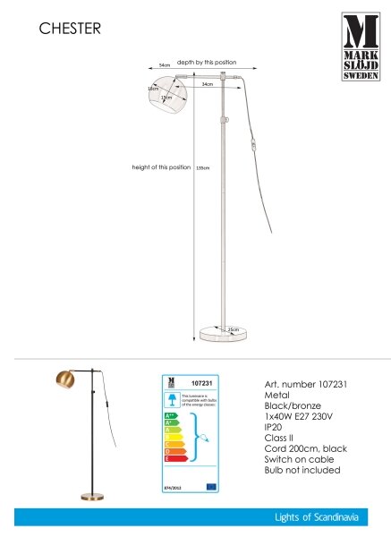 Markslöjd 107231 - Stoječa svetilka CHESTER 1xE27/40W/230V črna/bron