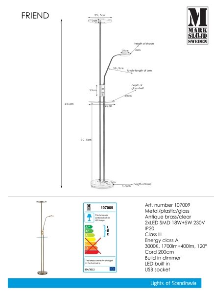 Markslöjd 107009 - LED Zatemnitvena stoječa svetilka FRIEND LED/18W/230V + LED/5W