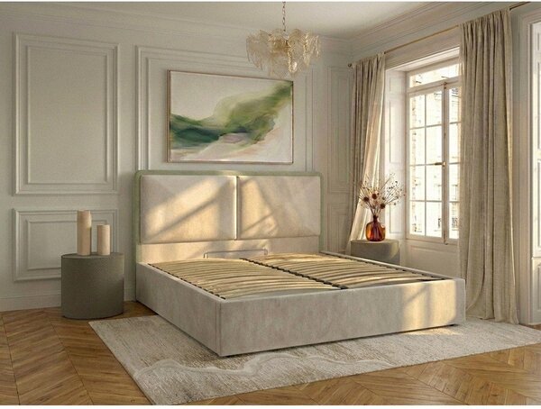 Bež oblazinjena zakonska postelja s prostorom za shranjevanje z letvenim dnom 180x200 cm Mara – Bobochic Paris