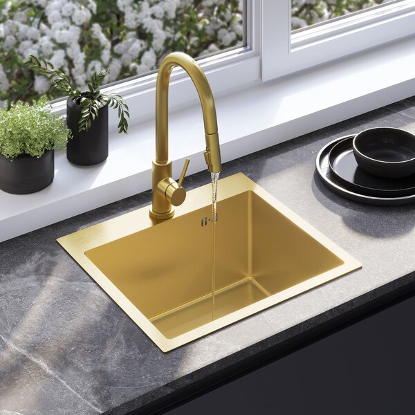 Jekleno pomivalno korito s kompletom dodatkov REA Leo 50 Brush Gold