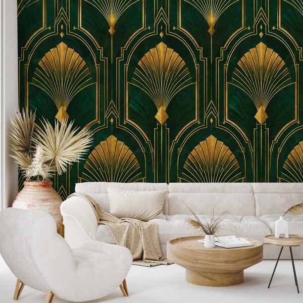 Fototapeta zlati art deco pahljače na zeleni