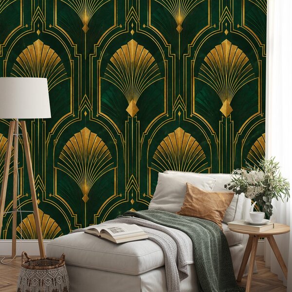Fototapeta zlati art deco pahljače na zeleni