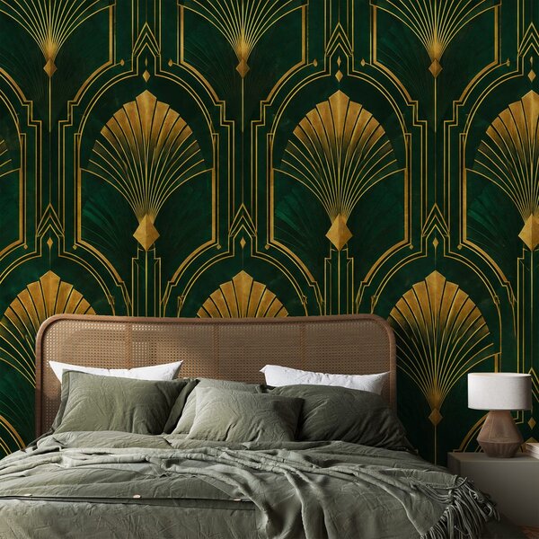 Fototapeta zlati art deco pahljače na zeleni