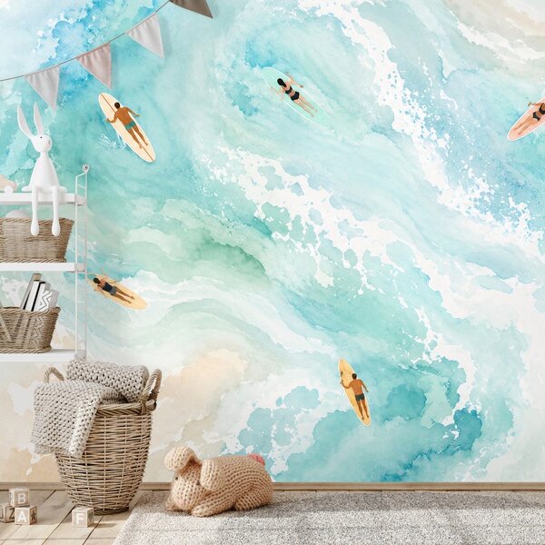 Tapeta akvarelno morje s surferji