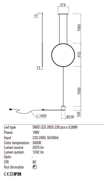 Redo 01-2197 - LED Talna svetilka SLICK LED/19W/230V črna