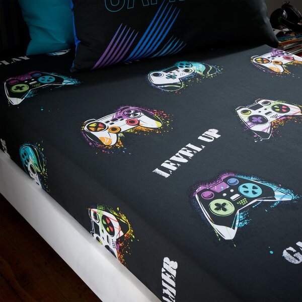 Črna napenjalna enojna otroška rjuha 90x190 cm Game Over – Catherine Lansfield