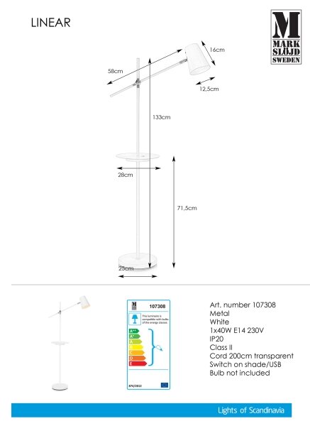 Markslöjd 107308 - Stoječa svetilka z USB LINEAR 1xE14/40W/230V