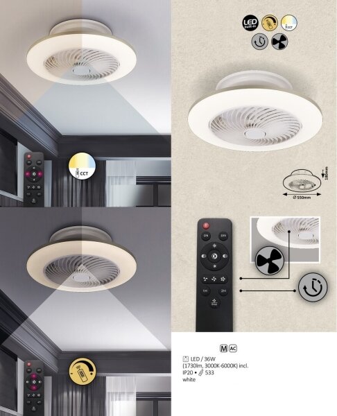 Rabalux 6710 - LED Zatemnitvena svetilka z ventilatorjem DALFON LED/36W/23 + Daljinski upravljalnik