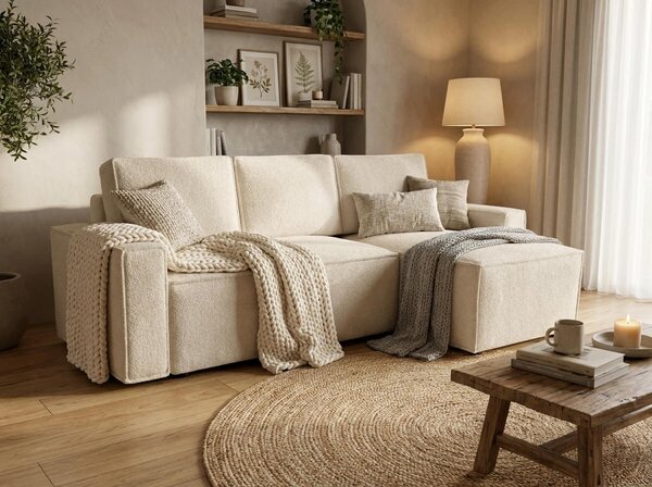 Kremna raztegljiva kotna sedežna garnitura SMART BOUCLE, 232x143 cm, obojestranska