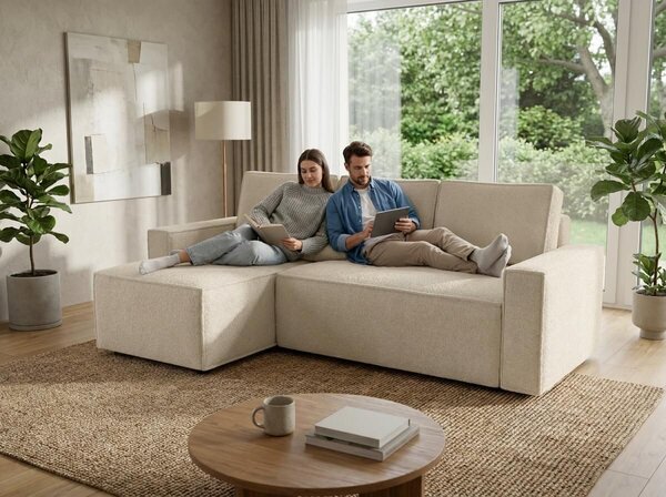Kremna raztegljiva kotna sedežna garnitura SMART BOUCLE, 232x143 cm, obojestranska