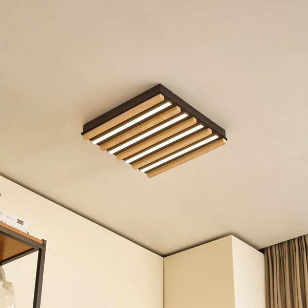 Lindby LED stropna svetilka Firka, bela, les, 42 cm, CCT, dim., zatemnjen, Les, Dnevna soba / jedilnica, Les, Sodobni