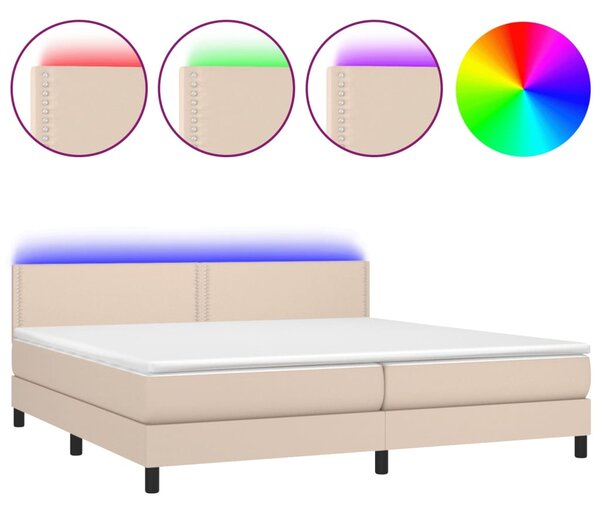 VidaXL Box spring postelja vzmetnico LED kapučino 200x200 cm um. usnje