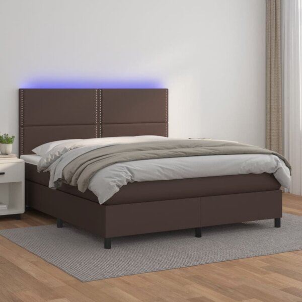 VidaXL Box spring postelja z vzmetnico LED rjava 140x190 cm um. Usnje