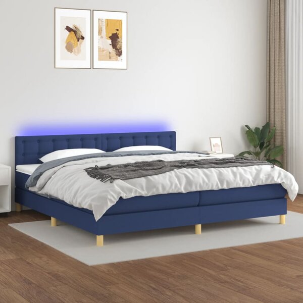 VidaXL Box spring postelja z vzmetnico LED modra 200x200 cm blago