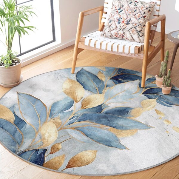 Modra/zlata pralna okrogla preproga ø 150 cm Golden Leaves – Mila Home