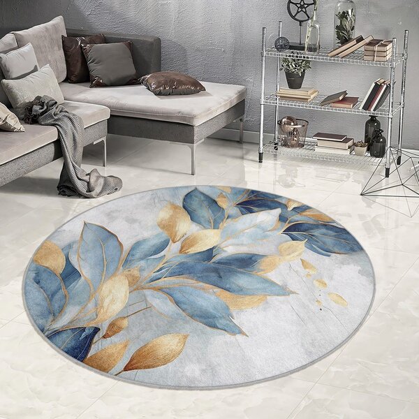 Modra/zlata pralna okrogla preproga ø 150 cm Golden Leaves – Mila Home