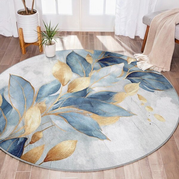 Modra/zlata pralna okrogla preproga ø 150 cm Golden Leaves – Mila Home