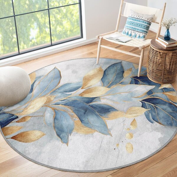 Modra/zlata pralna okrogla preproga ø 150 cm Golden Leaves – Mila Home