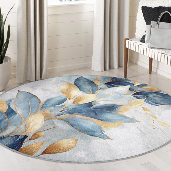 Modra/zlata pralna okrogla preproga ø 150 cm Golden Leaves – Mila Home
