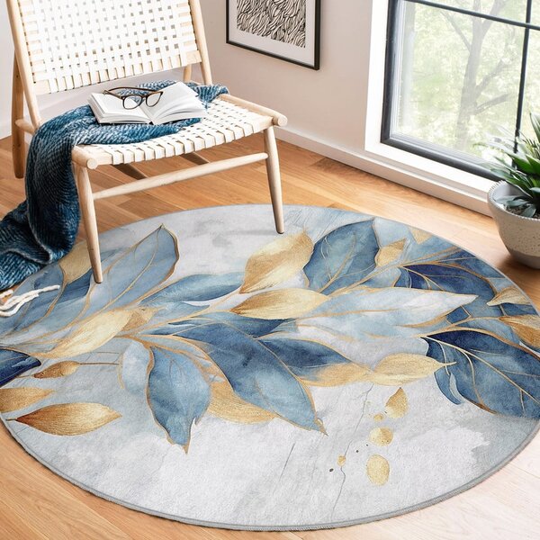 Modra/zlata pralna okrogla preproga ø 150 cm Golden Leaves – Mila Home